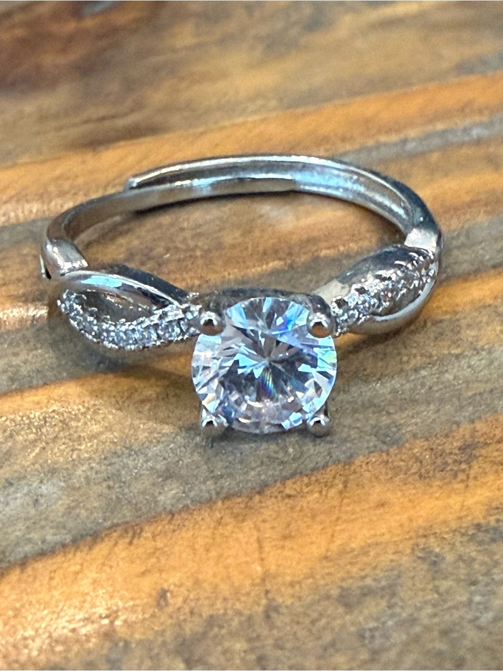 Cubic Zirconia Solitaire Ring in Silver Tone Adjustable Size 8.5 - Picture 5 of 8